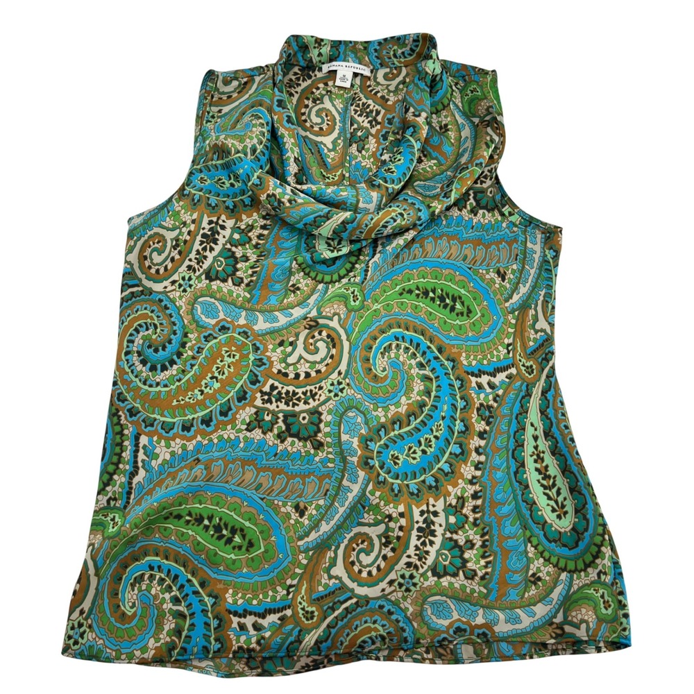 Banana Republic Green and Blue Paisley Sleeveless Cowl Neck Top